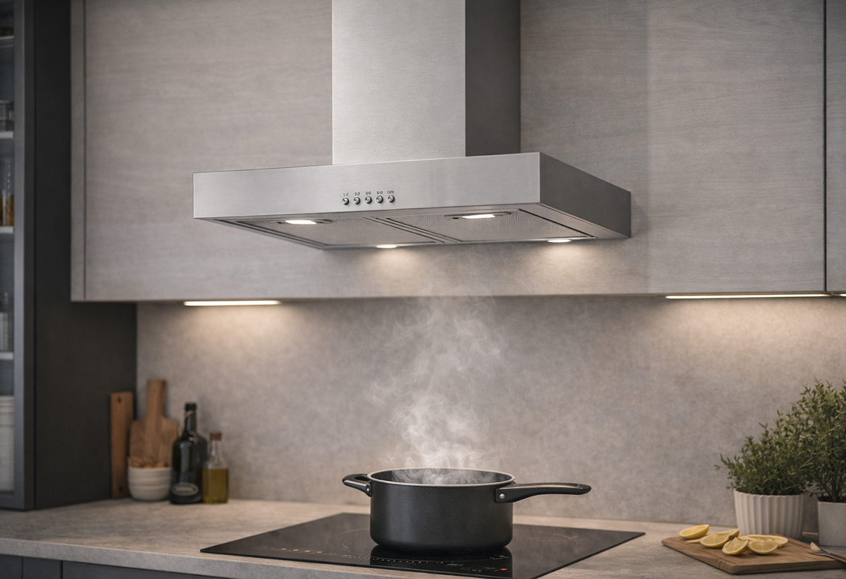 Απεικονίζεται ο απορροφητήρας εγκατεστημένος στην κουζίνα.